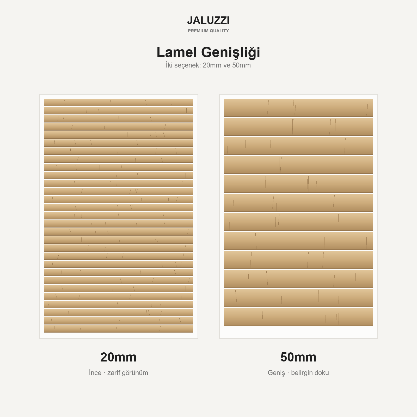 Ahşap jaluzi lamel genişliği karşılaştırması: 20mm ve 50mm açık meşe lameller